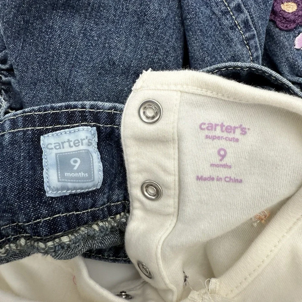 OshKosh Vestbak Denim‎ Overall Dress Embroidered Sz 9 M Floral w/ Bodysuit